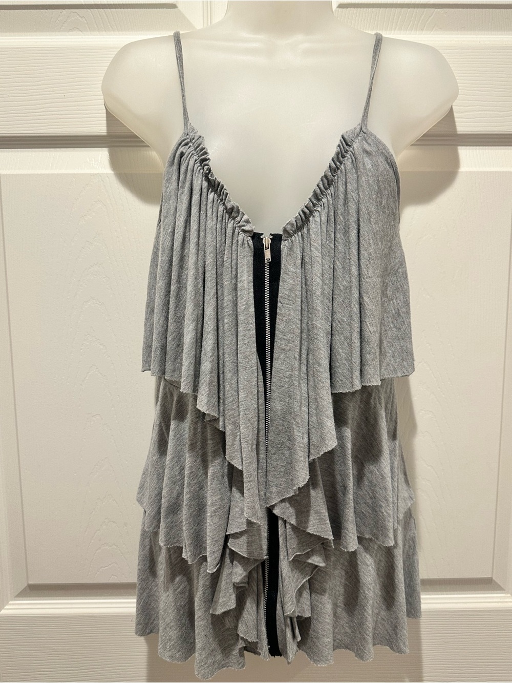 West Kei Y2K Gray Ruffle Party Tank Top L Exposed Zip Cami Made USA 2000s Draped
